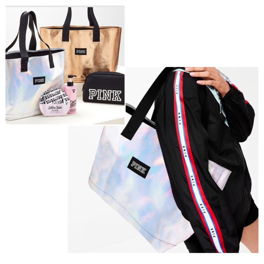 VS PINK HOLOGRAPHIC TOTE MAKEUP BAG COCO LOTION +